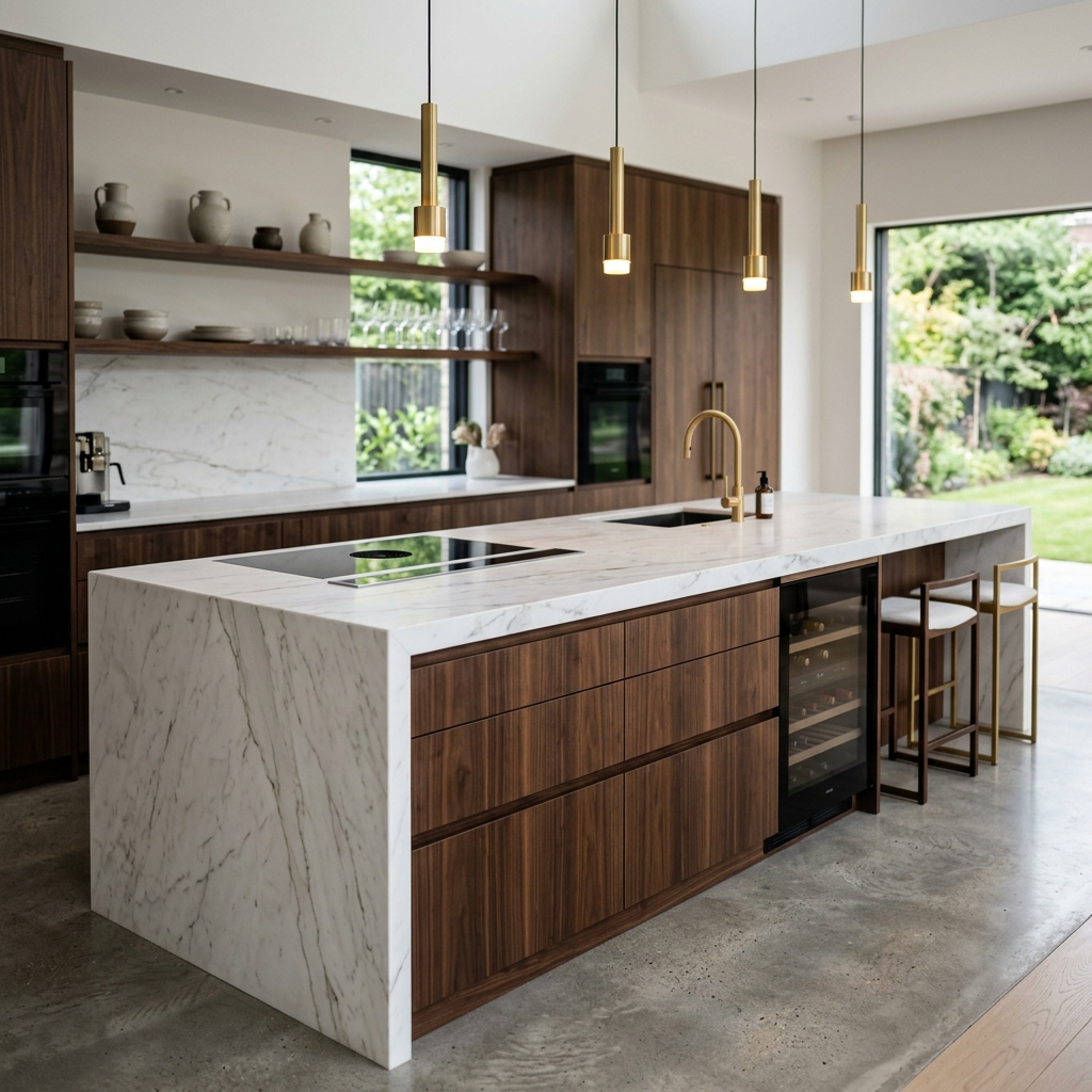Îlot central en marbre avec rangements intégrés et tabourets design