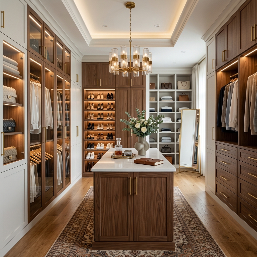 Dressing walk-in avec portes vitrées et tiroirs organisateurs