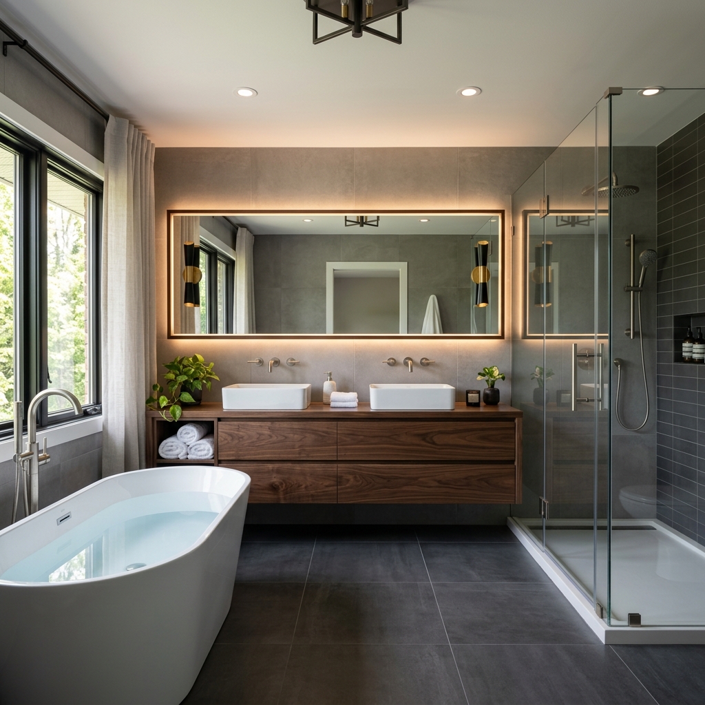 Salle de bain spa avec vanité en bois sombre et baignoire libre