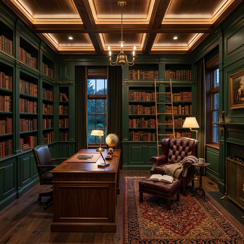 Bureau bibliothèque sur mesure avec boiseries vertes et laiton