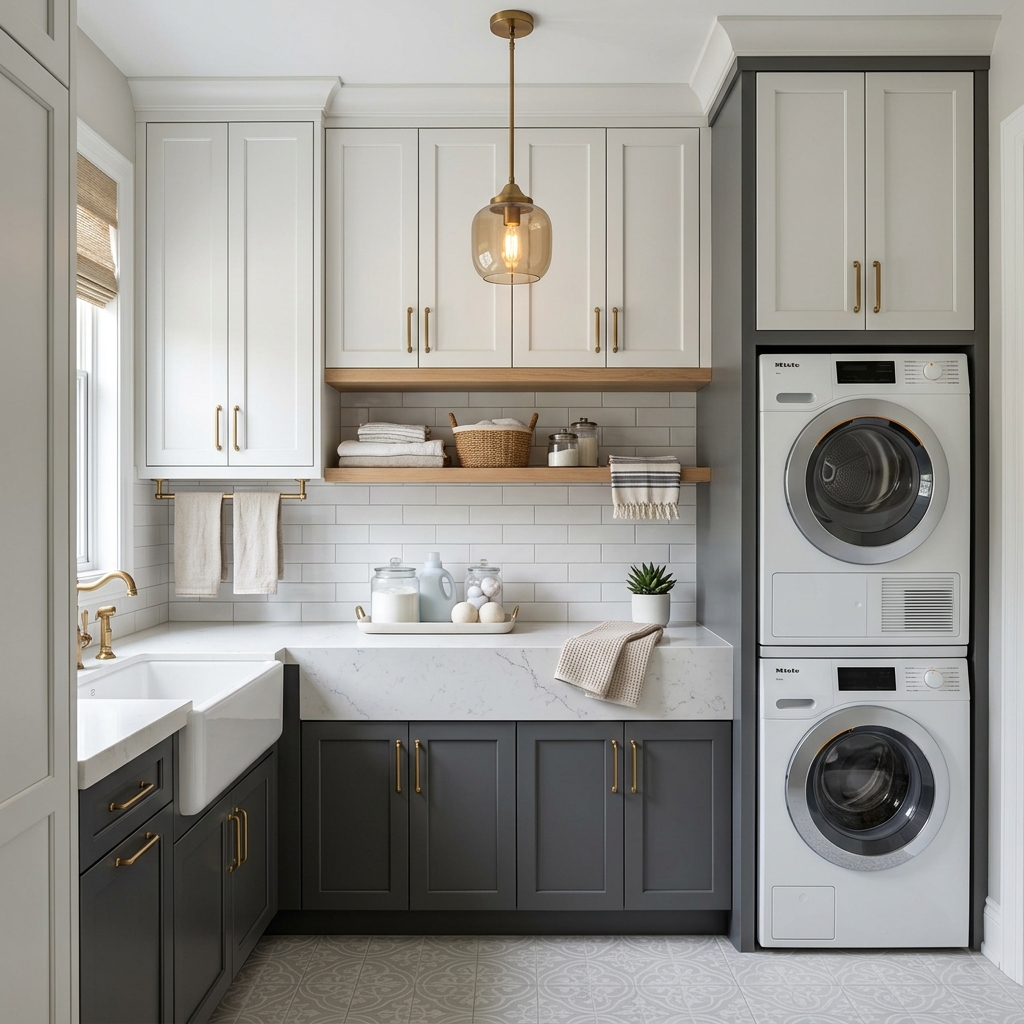 Buanderie sur mesure avec armoires blanches et comptoir quartz